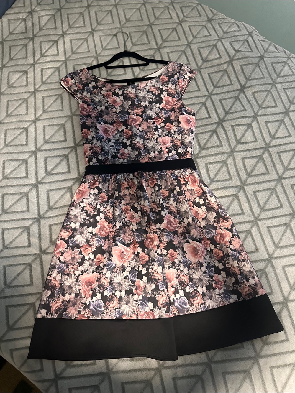 Xhilaration Black Floral Midi Dress with Pink Bouquet Print
